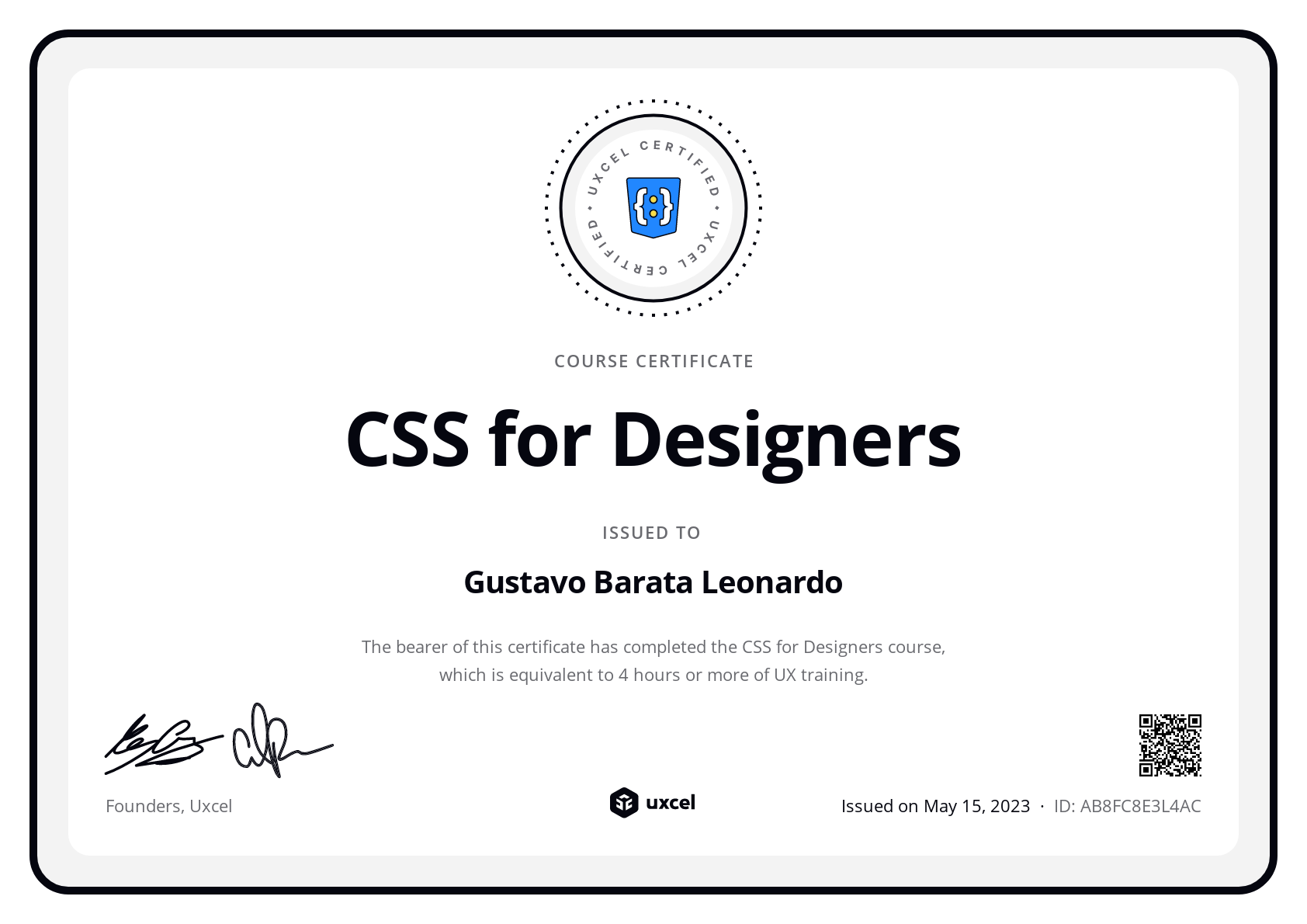 Gustavo Barata Leonardo's certificate